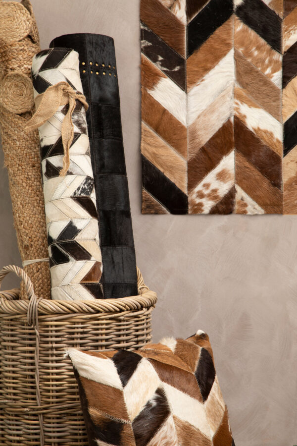 Bosie Safira Large Brown Hair on Leather Chevron Patchwork Rug