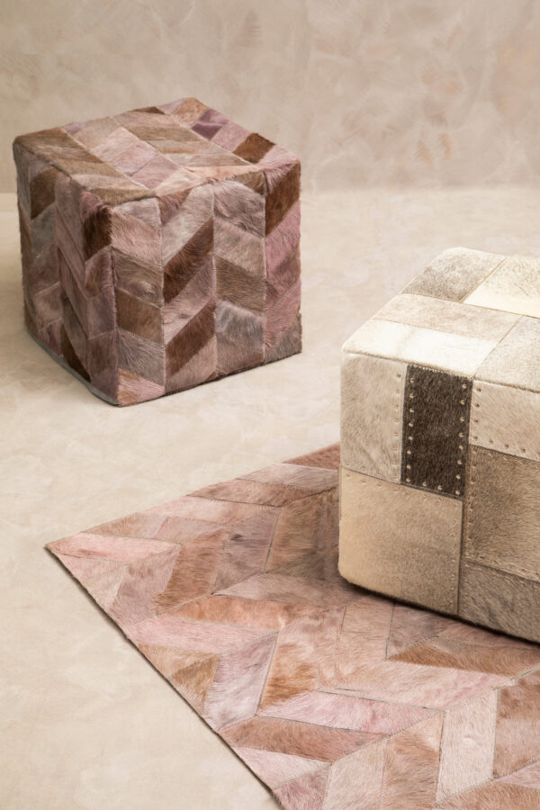Bosie Safira Small Grey Hair on Leather Chevron Patchwork Rug