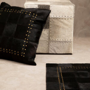 Bosie Safira Small Black hair on leather Patchwork Rug With Gold Studs