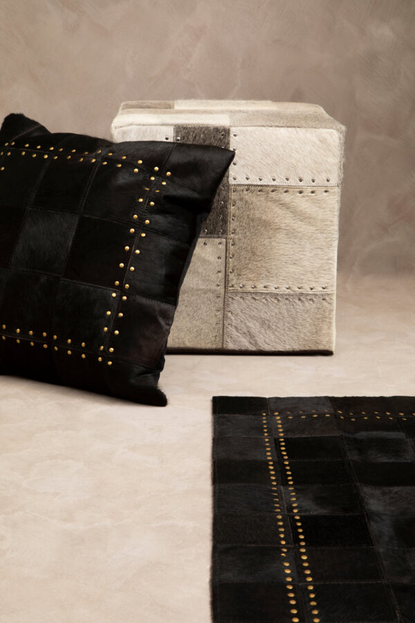 Bosie Safira Small Black hair on leather Patchwork Rug With Gold Studs
