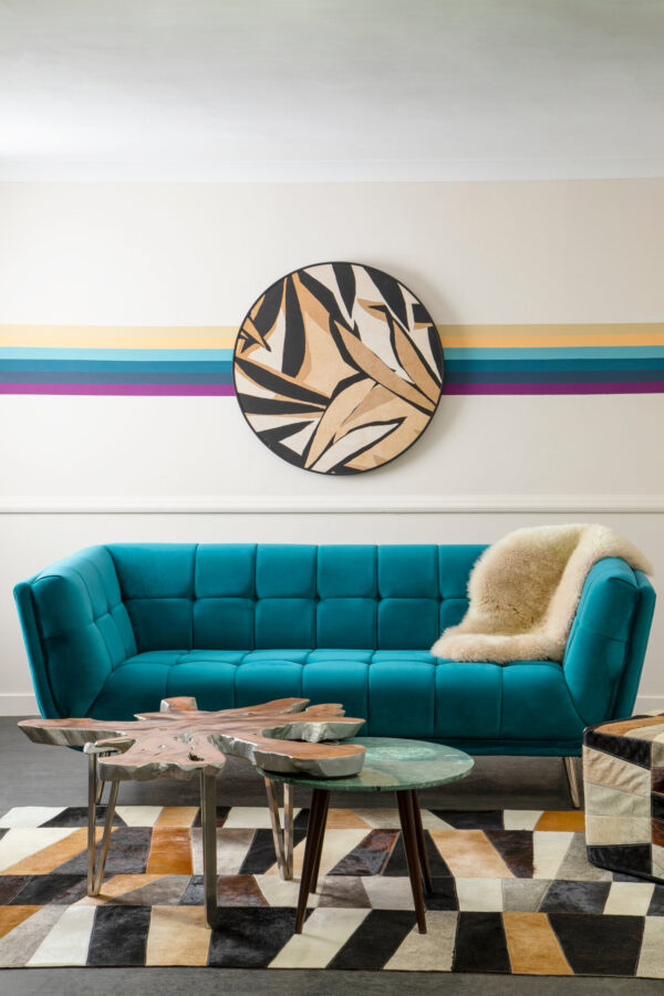 Bosie Safira Large Geometric Striped Hair on Leather Patchwork Rug