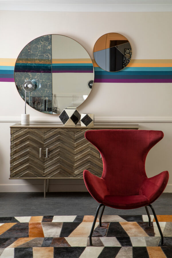 Bosie Safira Large Geometric Striped Hair on Leather Patchwork Rug