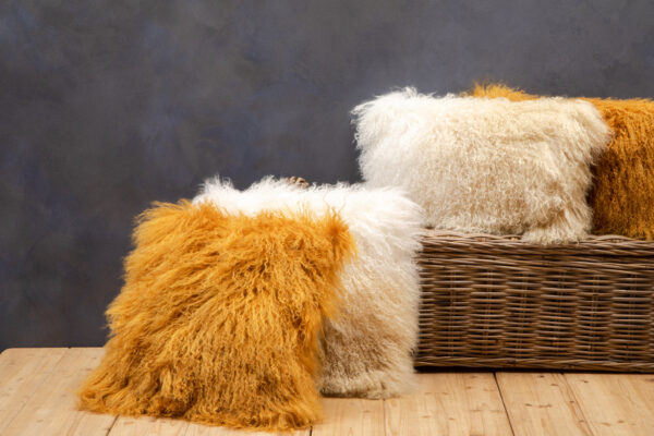 Bosie Real Mongolian Fur Ochre Square Cushion
