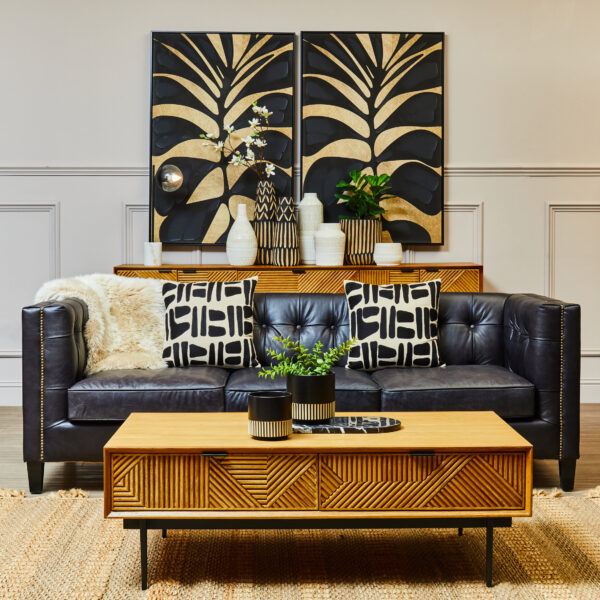 King Three Seater Modern Chesterfield Black Leather Sofa
