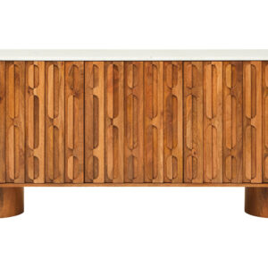 Torcino Mango Wood Carved Design Marble Top Three Door Sideboard