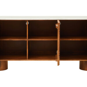 Torcino Mango Wood Carved Design Marble Top Three Door Sideboard