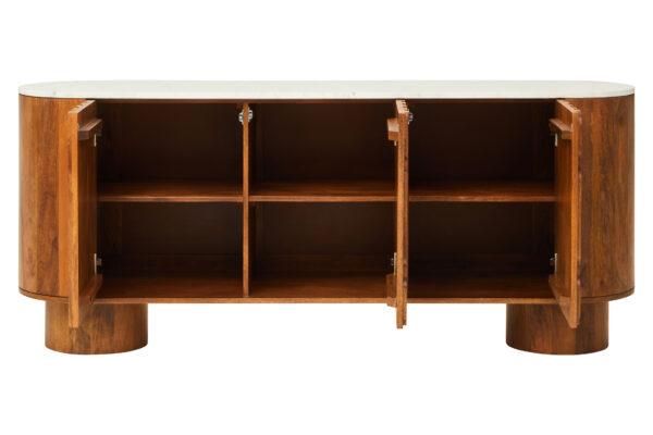 Torcino Mango Wood Carved Design Marble Top Three Door Sideboard