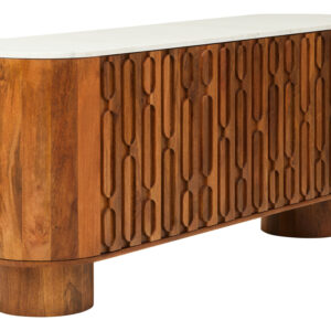 Torcino Mango Wood Carved Design Marble Top Three Door Sideboard