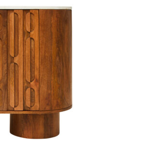 Torcino Mango Wood Carved Design Marble Top Three Door Sideboard