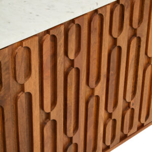 Torcino Mango Wood Carved Design Marble Top Three Door Sideboard