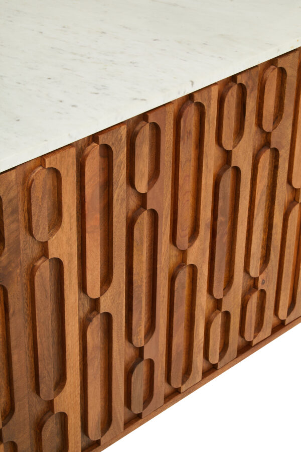 Torcino Mango Wood Carved Design Marble Top Three Door Sideboard