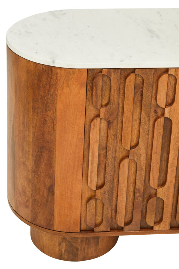 Torcino Mango Wood Carved Design Marble Top Three Door Sideboard