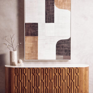 Torcino Mango Wood Carved Design Marble Top Three Door Sideboard