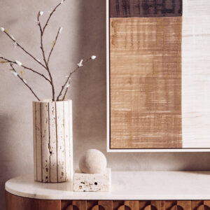 Torcino Mango Wood Carved Design Marble Top Three Door Sideboard