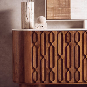 Torcino Mango Wood Carved Design Marble Top Three Door Sideboard