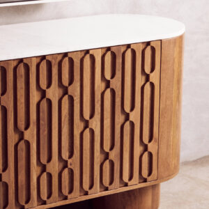 Torcino Mango Wood Carved Design Marble Top Three Door Sideboard