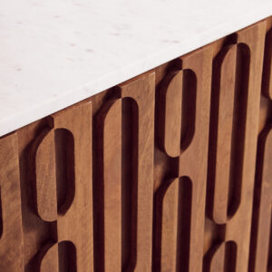 Torcino Mango Wood Carved Design Marble Top Three Door Sideboard
