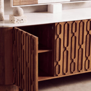 Torcino Mango Wood Carved Design Marble Top Three Door Sideboard