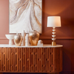 Torcino Mango Wood Carved Design Marble Top Three Door Sideboard