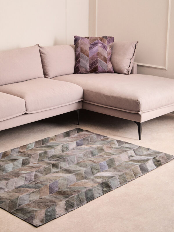 Bosie Safira Small Grey Hair on Leather Chevron Patchwork Rug