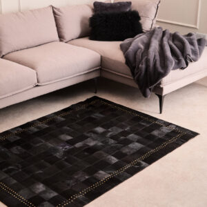 Bosie Safira Small Black hair on leather Patchwork Rug With Gold Studs