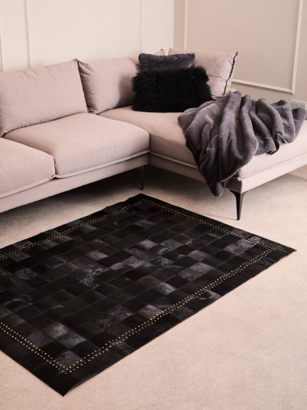 Bosie Safira Small Black hair on leather Patchwork Rug With Gold Studs