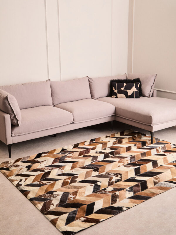 Bosie Safira Large Brown Hair on Leather Chevron Patchwork Rug