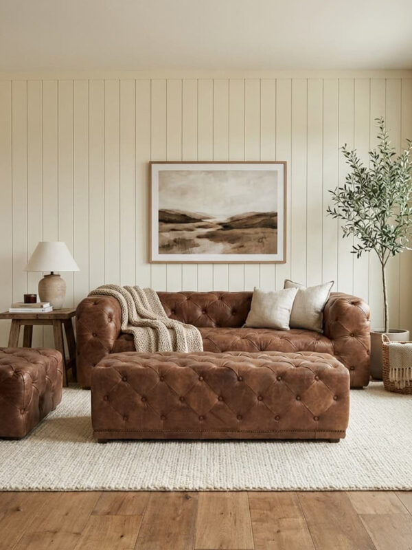 Hoxton Brown Leather Rectangle Chesterfield Ottoman