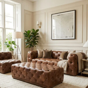 Hoxton Brown Leather Rectangle Chesterfield Ottoman
