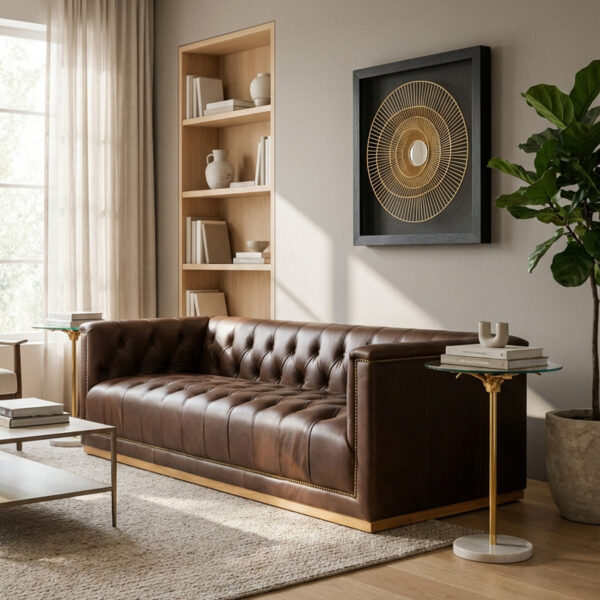 King Three Seater Modern Chesterfield Dark Brown Leather Sofa