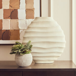Mira Large Ivory Finish Rippled Round Vase