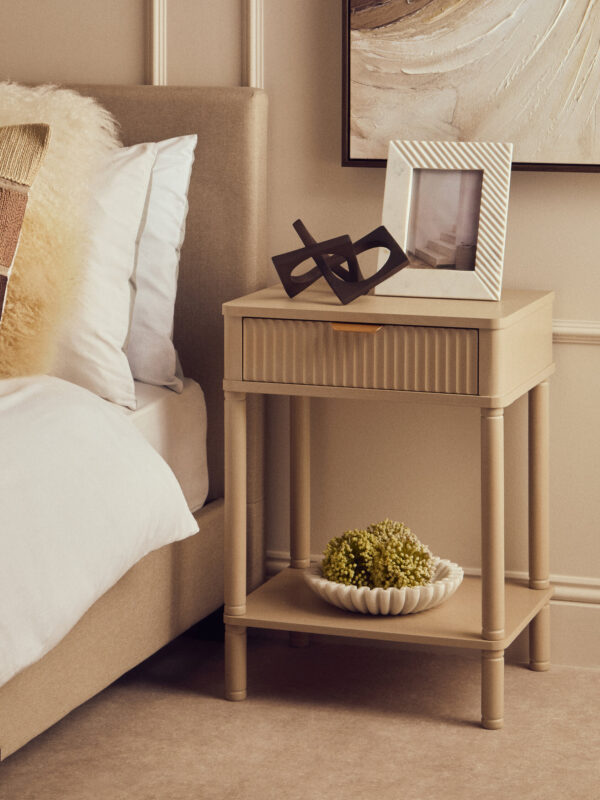 Heritage One Drawer Reed Detail Taupe Wood Side Table