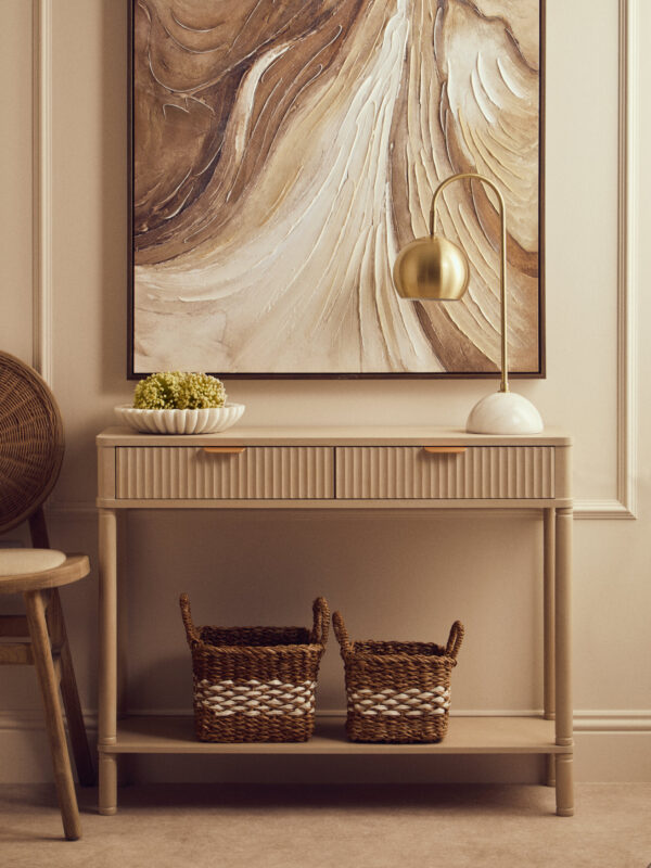 Heritage Two Drawer Reed Detail Taupe Wood Console Table