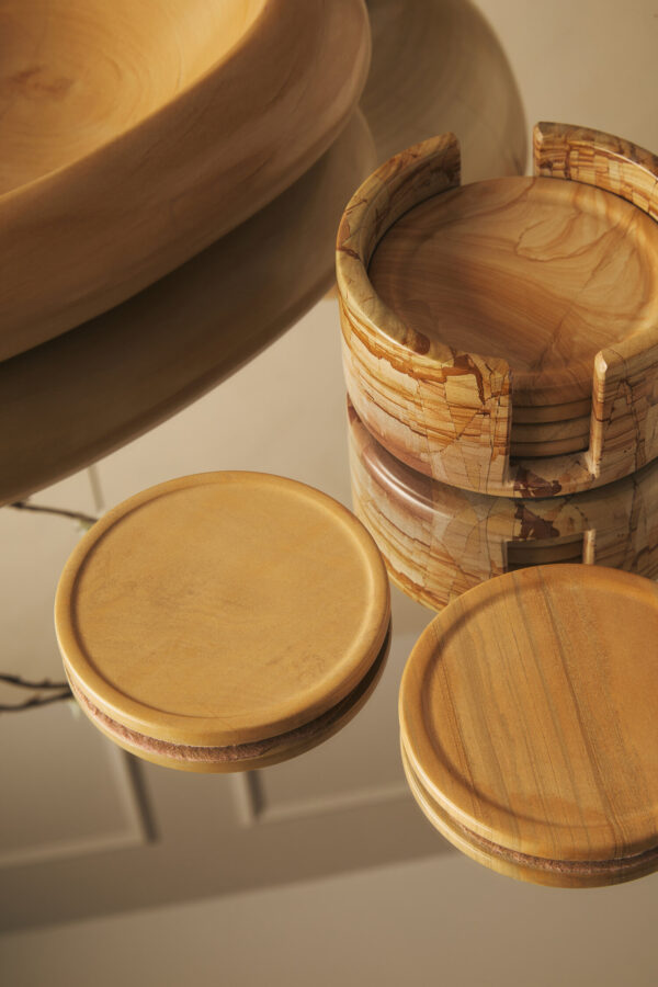 Tiga Teakwood Marble Set Of Five Round Coasters with Holder