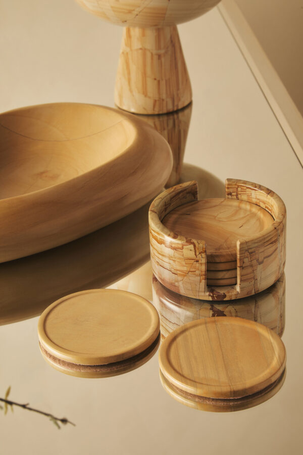 Tiga Teakwood Marble Set Of Five Round Coasters with Holder