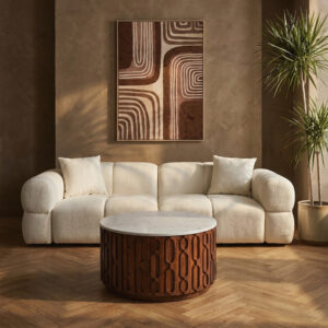 Torcino Marble and Carved Mango Wood Round Coffee Table